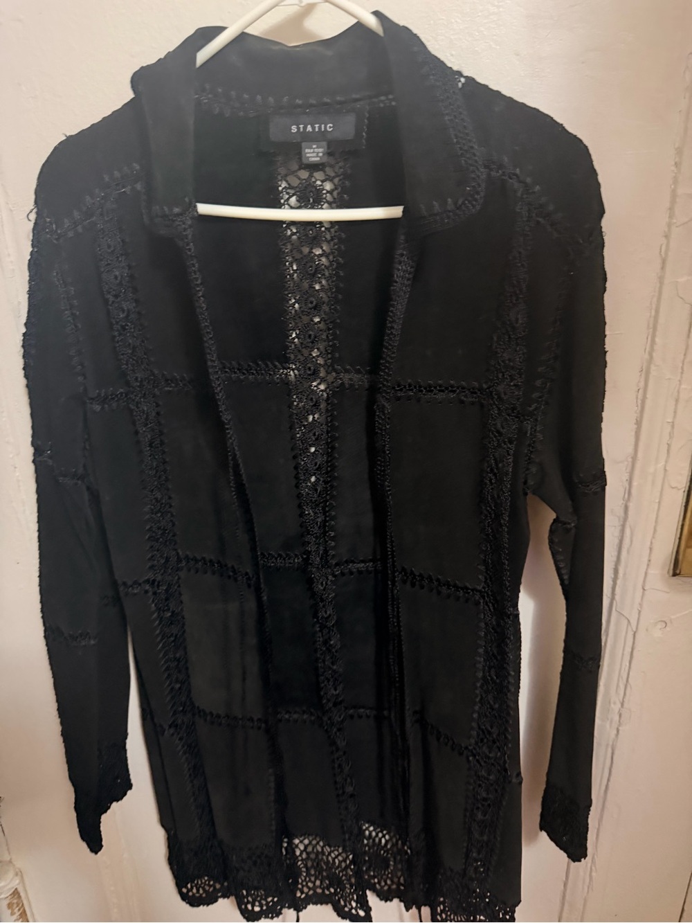 Black Crochet-Trim Open Cardigan Jacket
